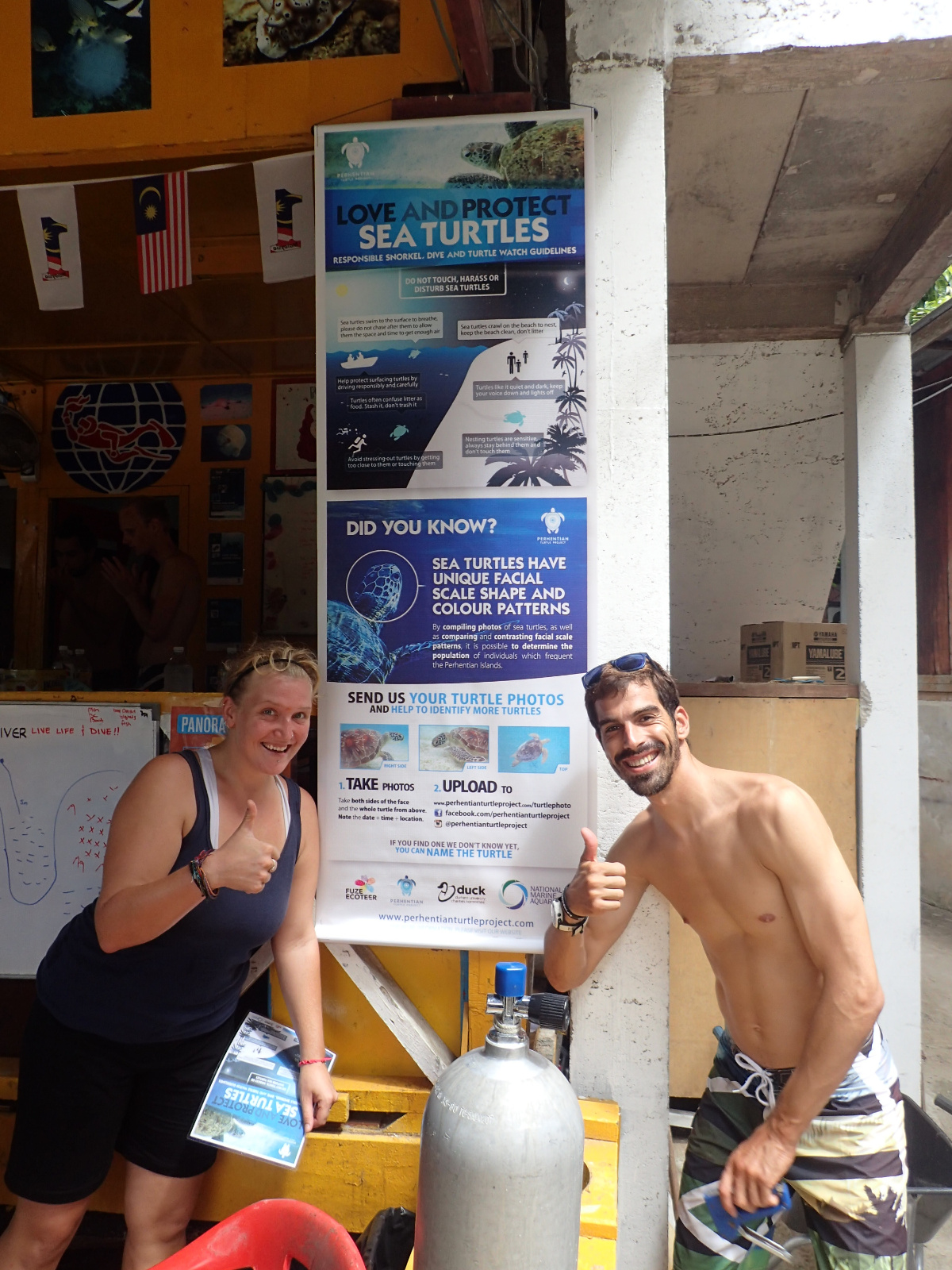 A banner providing information on photo ID and illustrated guidelines to watch turtles